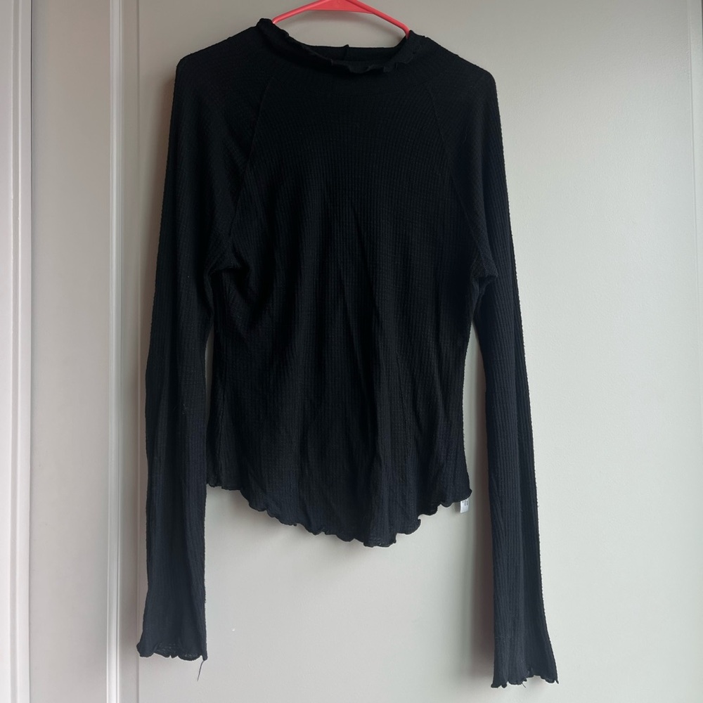 Free People Black Ribbed Lettuce-Edge Long Sleeve Top